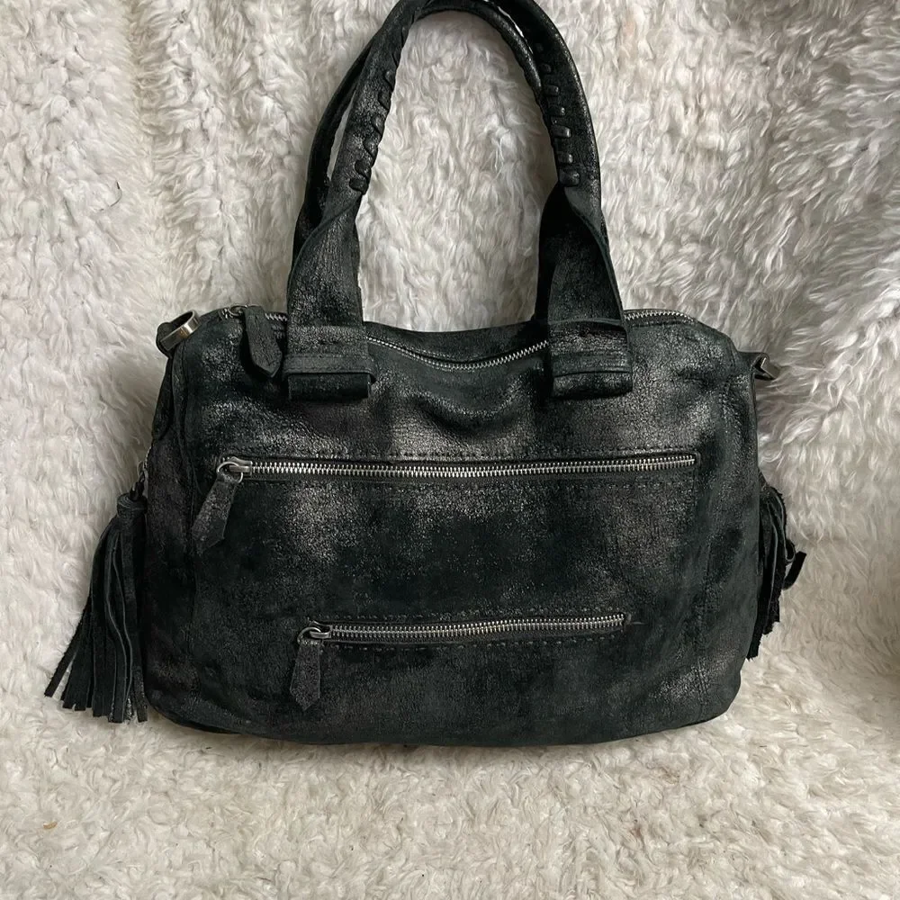 Carla Mancini black metallic silver Medium Satchel bag silver tone hardwares
